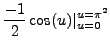 $\displaystyle \frac{-1}{2} \cos(u) \vert_{u=0}^{u=\pi^2}$