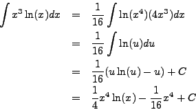 \begin{eqnarray*}
\int x^3 \ln(x) dx & = & \frac{1}{16} \int \ln(x^4) (4x^3) dx ...
... u) + C \\
& = & \frac{1}{4} x^4 \ln(x) - \frac{1}{16} x^4 + C
\end{eqnarray*}