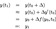 \begin{eqnarray*}
y(t_1) & = & y(t_0 + \Delta) \\
& \approx & y(t_0) + \Delta y'(t_0) \\
& = & y_0 + \Delta f(y_0,t_0) \\
& =: & y_1
\end{eqnarray*}