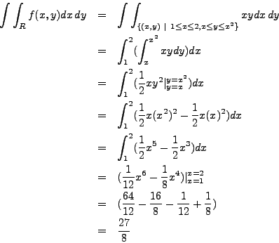 \begin{eqnarray*}
\int \int_R f(x,y) dx \, dy & = & \int \int_{ \{ (x,y) ~\vert~...
...rac{16}{8} - \frac{1}{12} + \frac{1}{8}) \\
& = & \frac{27}{8}
\end{eqnarray*}