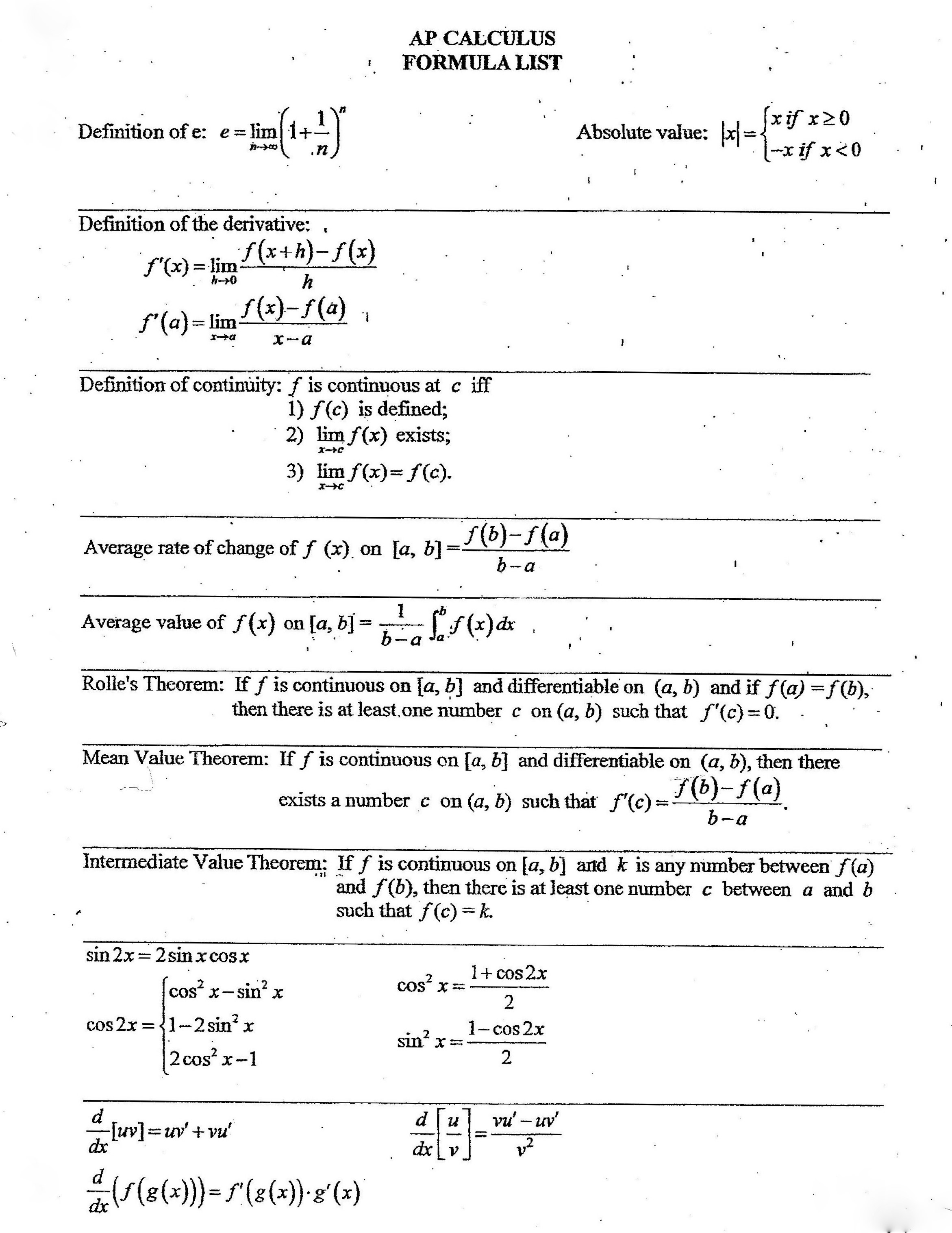 multivariable calculus cheat sheet