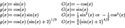 \begin{displaymath}\begin{array}{r@{}l@{\quad}r@{}l} g(x) &= \sin(x) & G(x) &= -...
...) &= \tfrac{3}{4} \bigl(\sin(x) + 2\bigr)^{4/3} \\  \end{array}\end{displaymath}